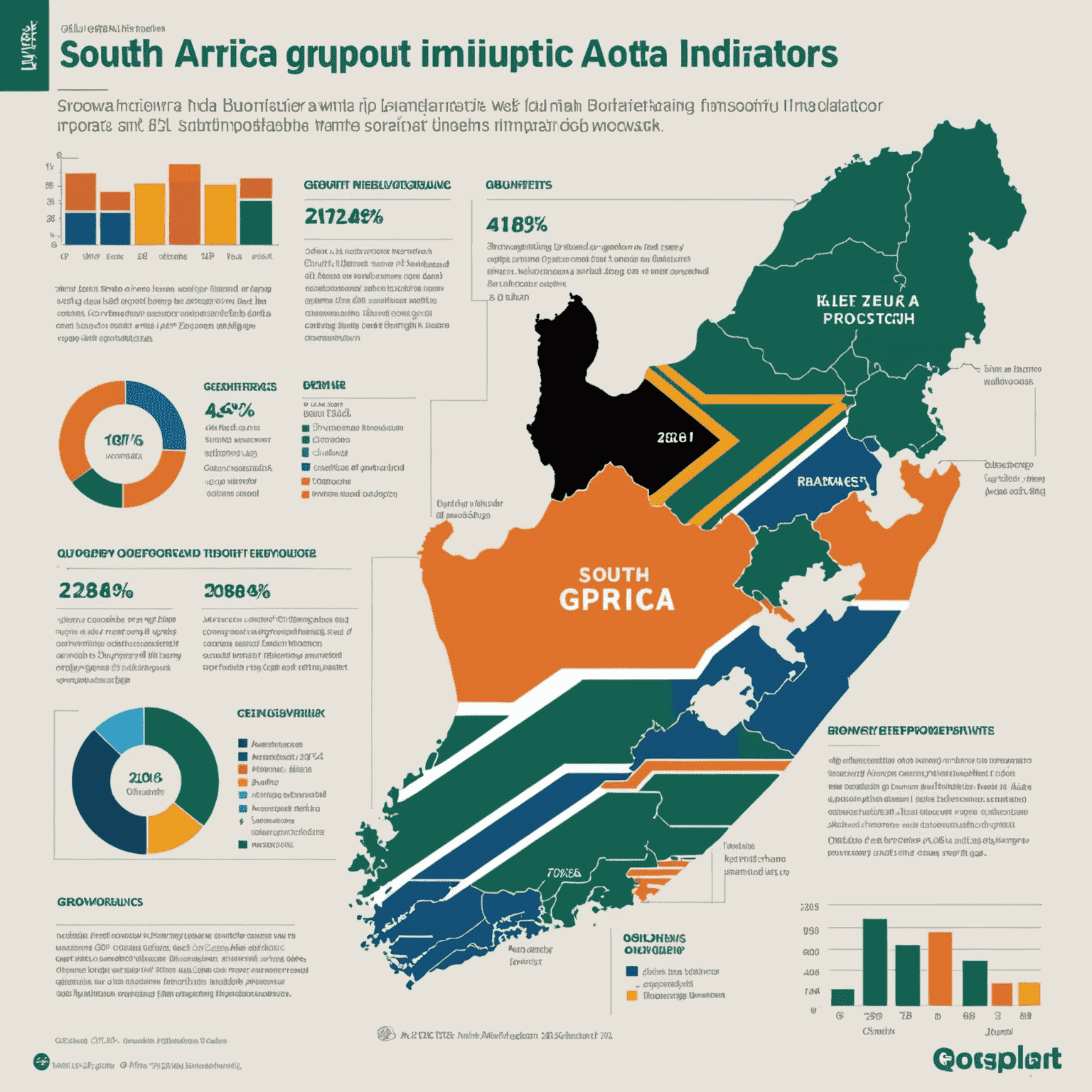 Graphic showing upward trending economic indicators for South Africa in Q1 2024, including GDP growth, manufacturing output, and mining production.