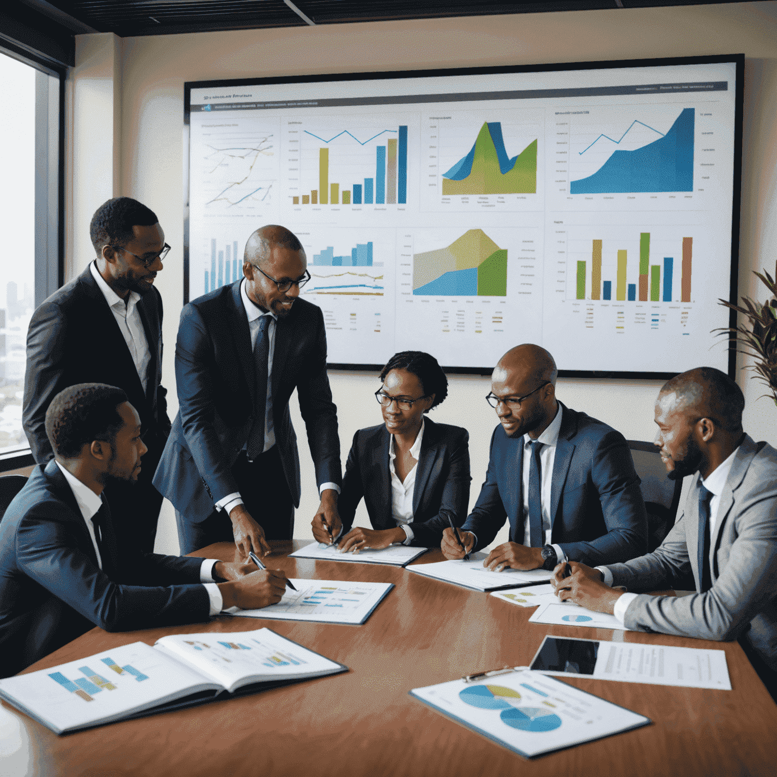 A team of business consultants collaborating around a conference table, with charts and graphs on a screen in the background, representing strategic planning and analysis for South African companies.