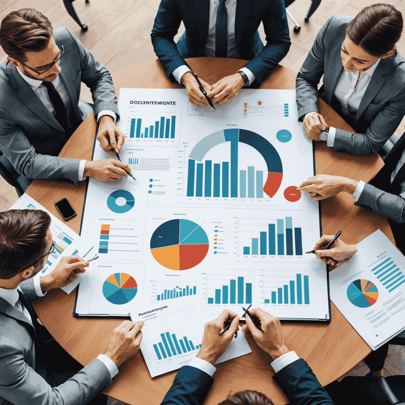 A team of professionals working together to optimize business operations, with charts and graphs showing improved efficiency and cost savings.