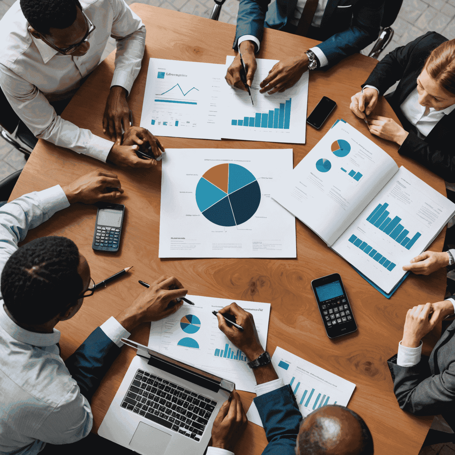 A team of consultants working together on a market entry strategy for a client, analyzing data and discussing potential opportunities and challenges in the South African market