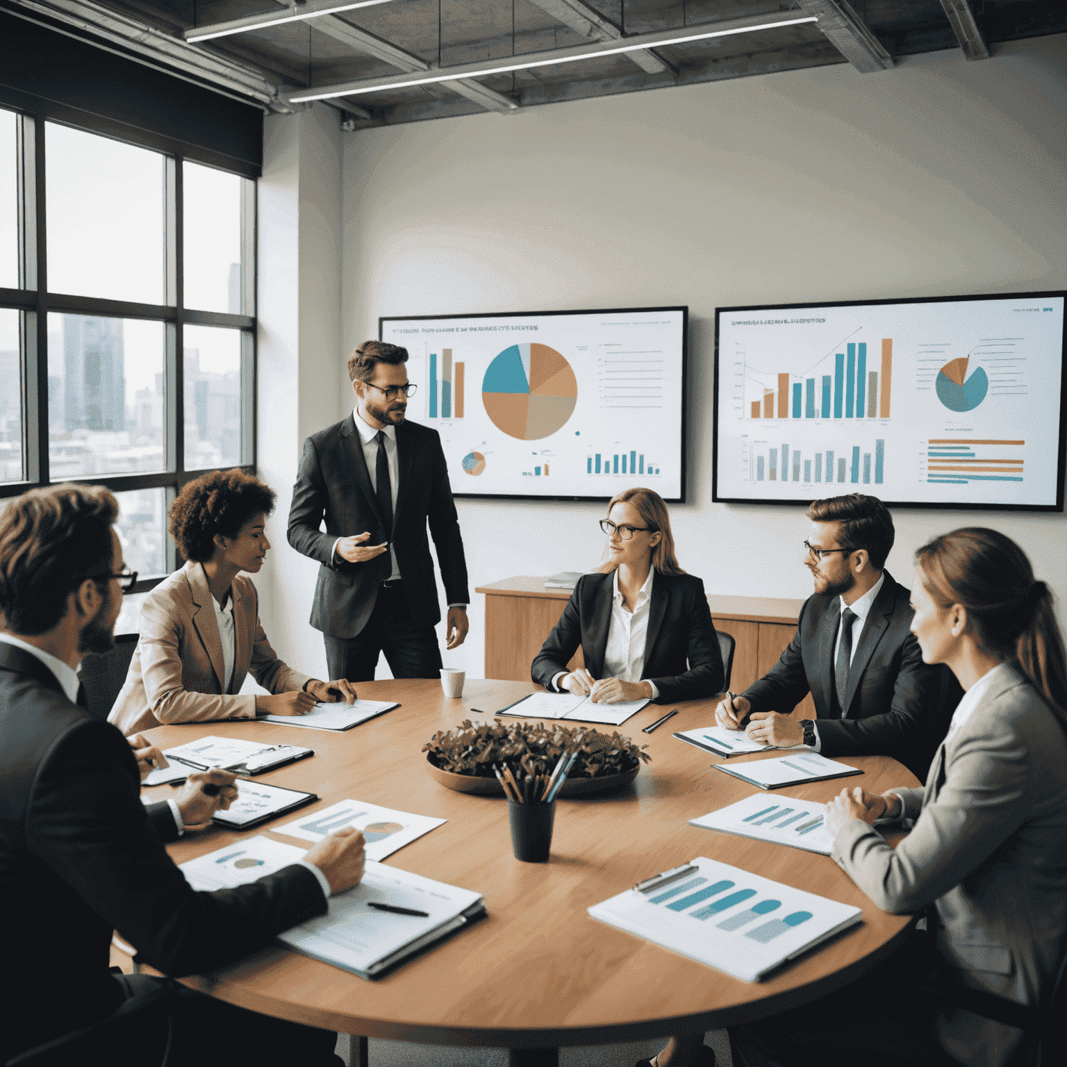 A group of business professionals discussing sustainability strategies around a conference table, with charts and graphs displayed on a screen behind them