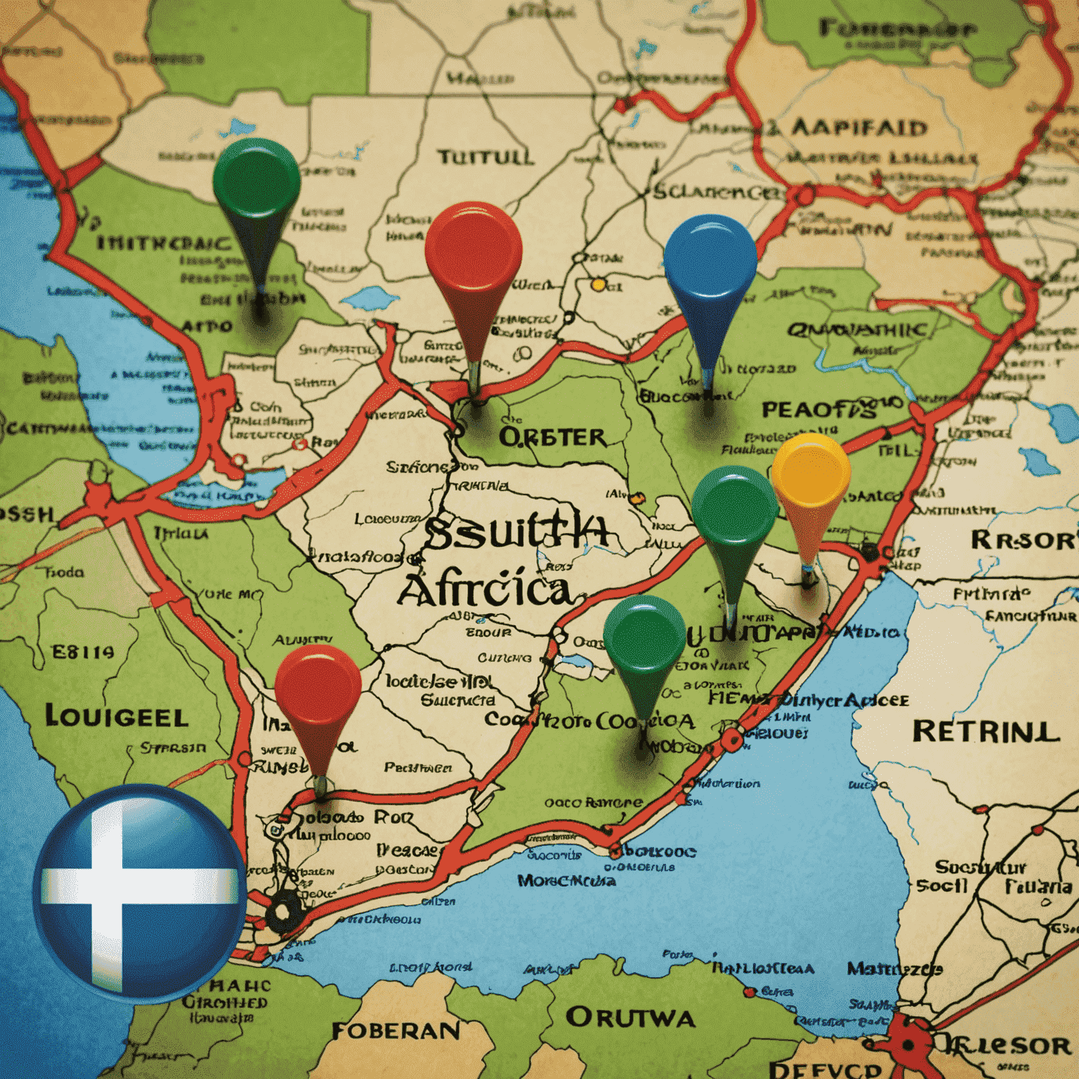 A map of South Africa with markers indicating key business locations