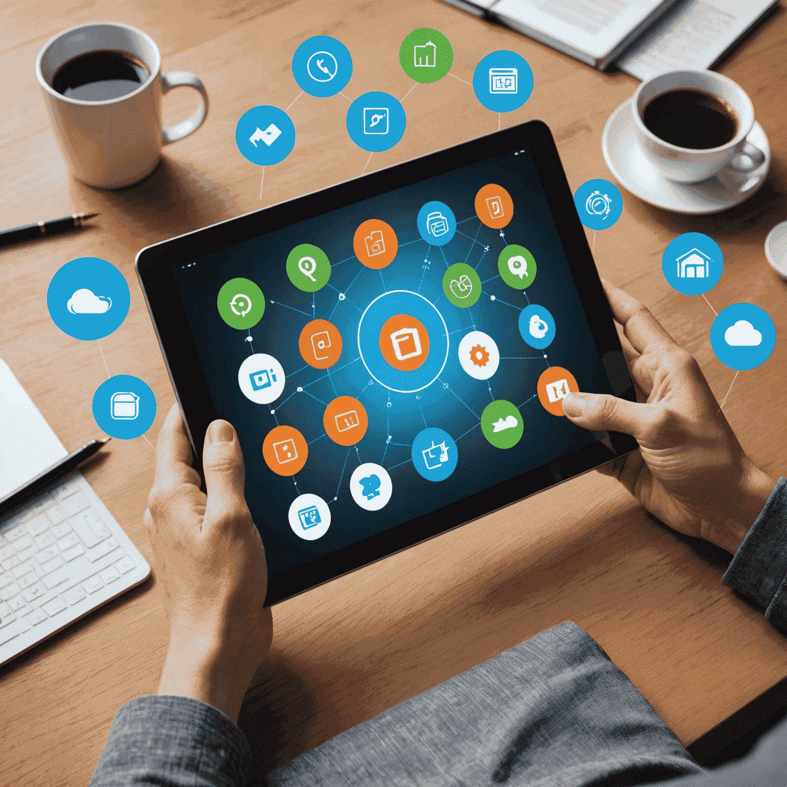 A person using a tablet with various digital icons and graphics